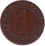 Монета 1 рейхспфенниг. 1934 год (D), Веймарская республика. Монета 1 рейхспфенниг. 1934 год (D), Веймарская республика.
