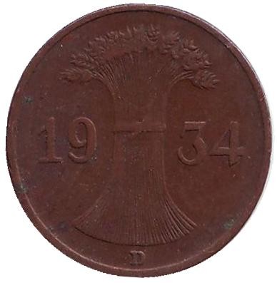 Монета 1 рейхспфенниг. 1934 год (D), Веймарская республика. Монета 1 рейхспфенниг. 1934 год (D), Веймарская республика.