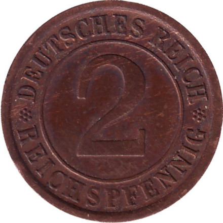 Монета 2 рейхспфеннига. 1936 год (D), Веймарская республика.