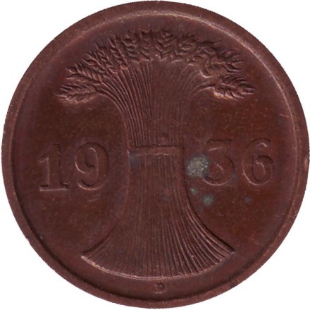 Монета 2 рейхспфеннига. 1936 год (D), Веймарская республика.