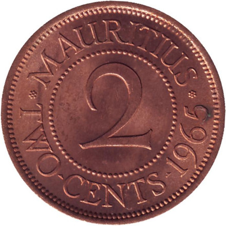 Монета 2 цента. 1965 год, Маврикий. Состояние - aUNC.