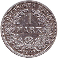 Монета 1 марка. 1905 год (J), Германская империя. Монета 1 марка. 1905 год (J), Германская империя.