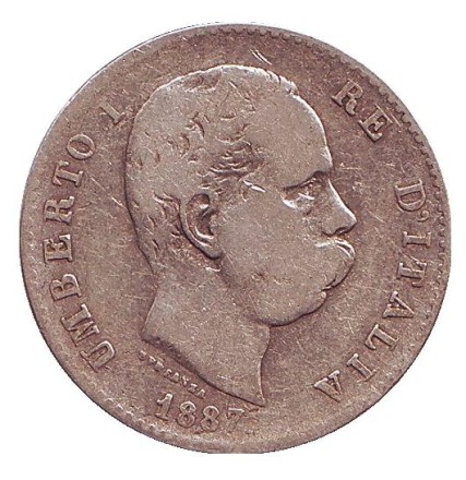 Монета 1 лира. 1887 год, Италия. Монета 1 лира. 1887 год, Италия.