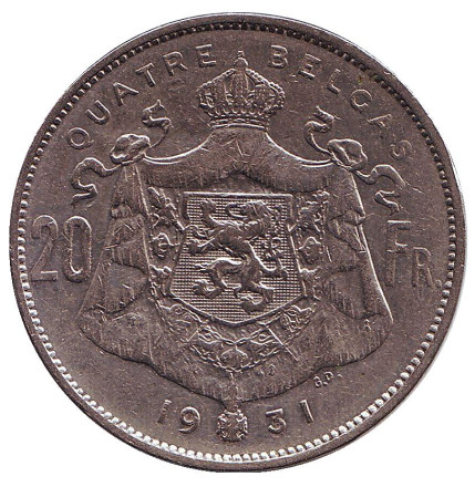Монета 20 франков. 1931 год, Бельгия. (Des Belges) Король Альберт I.