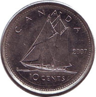 Парусник. Монета 10 центов. 2007 год, Канада. 