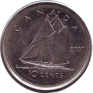 Монета 10 центов. 2007 год, Канада. Парусник.