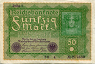 Рейхсбанкнота 50 марок. 1919 год, Веймарская республика. Рейхсбанкнота 50 марок. 1919 год, Веймарская республика.