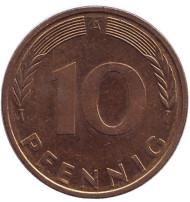 Монета 10 пфеннигов. 1994 год (A), ФРГ. Дубовые листья. Монета 10 пфеннигов. 1994 год (A), ФРГ. Дубовые листья.