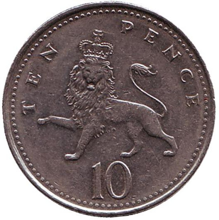 Монета 10 пенсов. 2005 год, Великобритания. Лев.