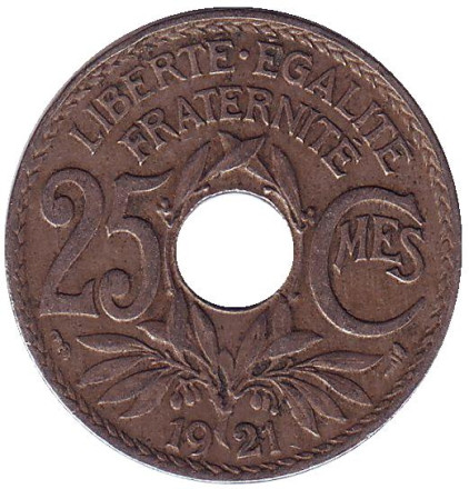 Монета 25 сантимов. 1921 год, Франция.