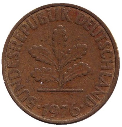 Монета 10 пфеннигов. 1976 год (F), ФРГ. Дубовые листья.