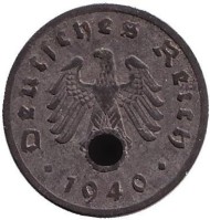 Монета 1 рейхспфенниг. 1940 год, Германия (Третий Рейх). (F). Цинк. Монета 1 рейхспфенниг. 1940 год, Германия (Третий Рейх). (F). Цинк.