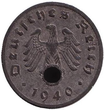 Монета 1 рейхспфенниг. 1940 год, Германия (Третий Рейх). (F). Цинк.