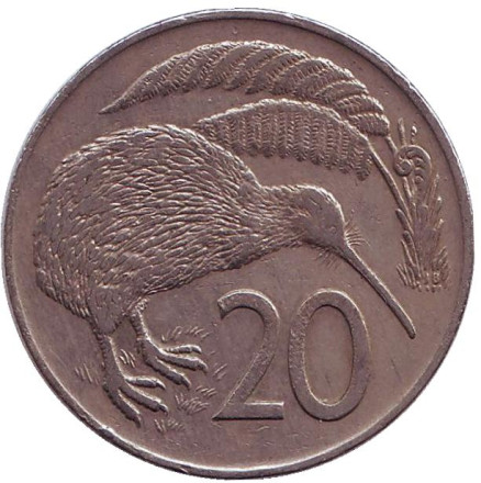Монета 20 центов. 1972 год, Новая Зеландия. Из обращения. Киви (птица).