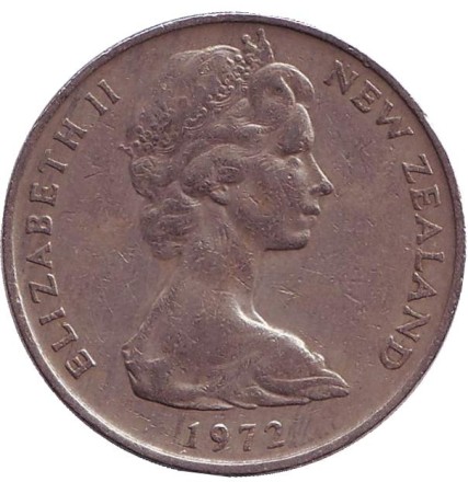 Монета 20 центов. 1972 год, Новая Зеландия. Из обращения. Киви (птица). Монета 20 центов. 1972 год, Новая Зеландия. Из обращения. Киви (птица).