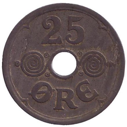 Монета 25 эре. 1945 год, Дания.