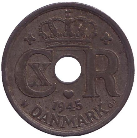 Монета 25 эре. 1945 год, Дания. Монета 25 эре. 1945 год, Дания.