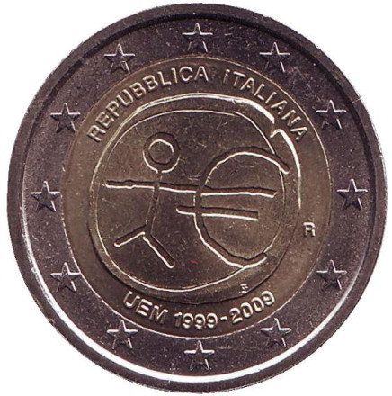 Монета 2 евро, 2009 год, Италия. 10 лет Экономическому и валютному союзу.
