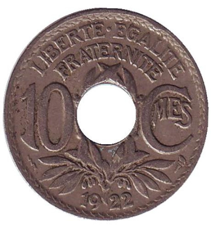 Монета 10 сантимов. 1922 год, Франция. (молния)