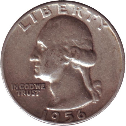 Монета 25 центов. 1956 год, США. (Без отметки монетного двора). Вашингтон.