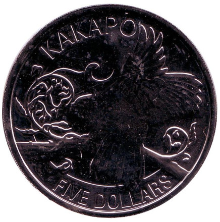 Монета 5 долларов. 2009 год, Новая Зеландия. Попугай Какапо.