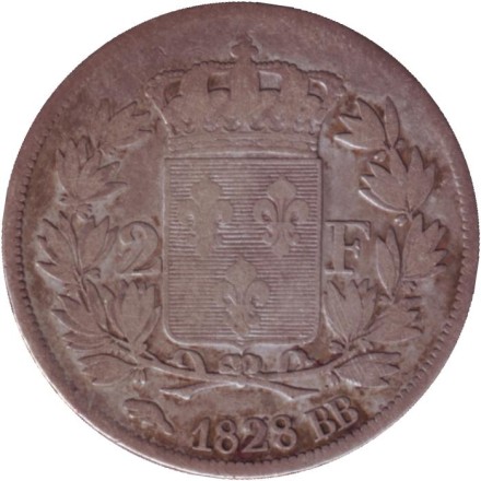 Монета 2 франка. 1828 год, Франция. (С точкой перед "DE FRANCE")