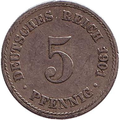 Монета 5 пфеннигов. 1901 год (А), Германская империя.