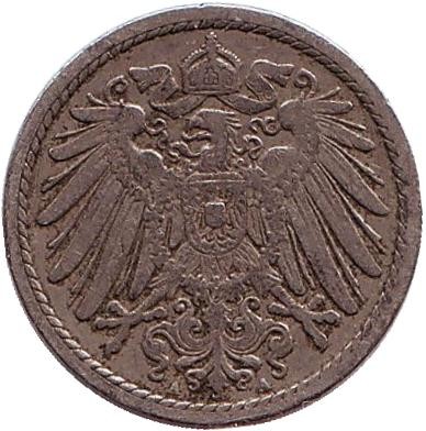 Монета 5 пфеннигов. 1901 год (А), Германская империя. Монета 5 пфеннигов. 1901 год (А), Германская империя.