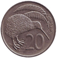 Монета 20 центов. 1979 год, Новая Зеландия. Киви (птица). Монета 20 центов. 1979 год, Новая Зеландия. Киви (птица).