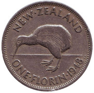 Монета 1 флорин. 1948 год, Новая Зеландия. Киви (птица). Монета 1 флорин. 1948 год, Новая Зеландия. Киви (птица).