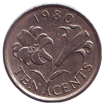 Монета 10 центов. 1980 год, Бермудские острова. Бермудская лилия.