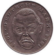 Монета 2 марки. 1990 год (G), ФРГ. Людвиг Эрхард.