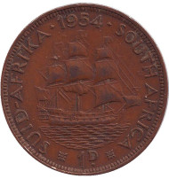 Монета 1 пенни. 1954 год, Южная Африка. Корабль "Дромедарис". Монета 1 пенни. 1954 год, Южная Африка. Корабль "Дромедарис".