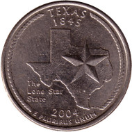 Монета 25 центов (D). 2004 год, США. Техас. Штат № 28. Монета 25 центов (D). 2004 год, США. Техас. Штат № 28.