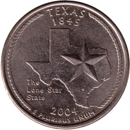 Монета 25 центов (D). 2004 год, США. Техас. Штат № 28.