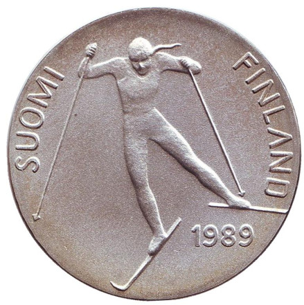 Монета 100 марок. 1989 год, Финляндия. Чемпионат мира по лыжным гонкам.