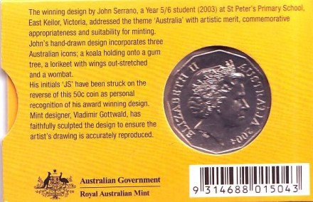 Монета 50 центов. 2004 год, Австралия. (в коинкарте) Австралийская фауна. Лорикет, коала, вомбат. Монета 50 центов. 2004 год, Австралия. (в коинкарте) Австралийская фауна. Лорикет, коала, вомбат.