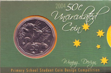 Монета 50 центов. 2004 год, Австралия. (в коинкарте) Австралийская фауна. Лорикет, коала, вомбат.