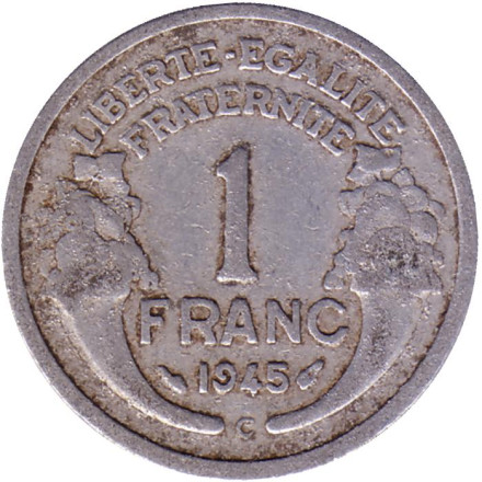 Монета 1 франк. 1945 год (C), Франция.