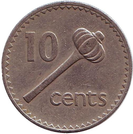 Монета 10 центов. 1975 год, Фиджи. Метательная дубинка - ула тава тава.