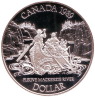 Монета 1 доллар. 1989 год, Канада. Река Маккензи. Монета 1 доллар. 1989 год, Канада. Река Маккензи.