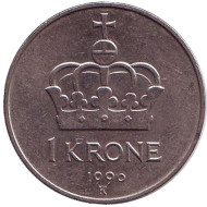 Монета 1 крона. 1990 год, Норвегия. Корона. Монета 1 крона. 1990 год, Норвегия. Корона.