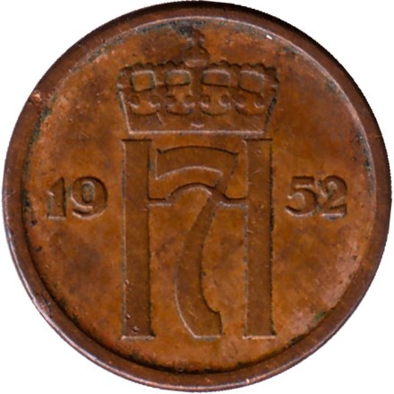 Монета 1 эре. 1952 год, Норвегия. (Новый тип). Монета 1 эре. 1952 год, Норвегия. (Новый тип).