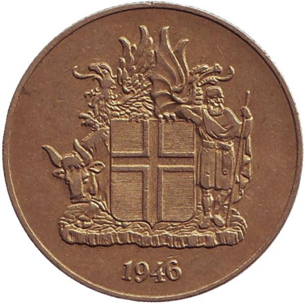 Монета 2 кроны. 1946 год, Исландия.