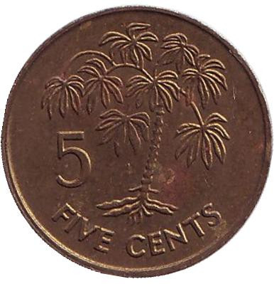 Монета 5 центов. 1992 год, Сейшельские острова. Маниоковая пальма.