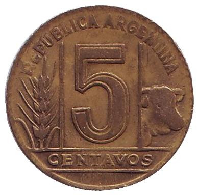 Монета 5 сентаво. 1945 год, Аргентина.