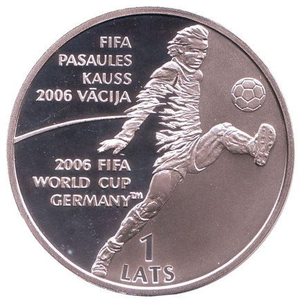 Монета 1 лат. 2004 год, Латвия. Чемпионат мира по футболу 2006 года.