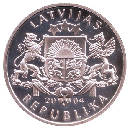 Монета 1 лат. 2004 год, Латвия. Чемпионат мира по футболу 2006 года.