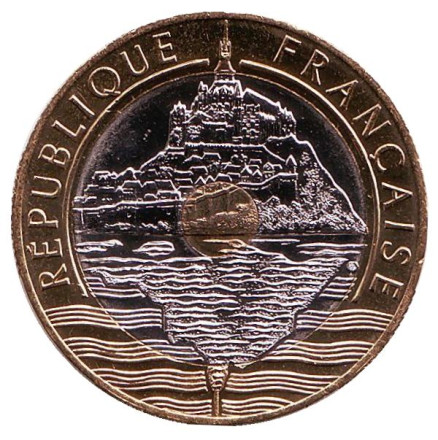 Монета 20 франков. 2001 год, Франция. BU. Остров Мон-Сен-Мишель.