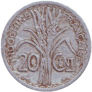 Монета 20 сантимов. 1945 год, Французский Индокитай. (Без отметки монетного двора) Монета 20 сантимов. 1945 год, Французский Индокитай. (Без отметки монетного двора)